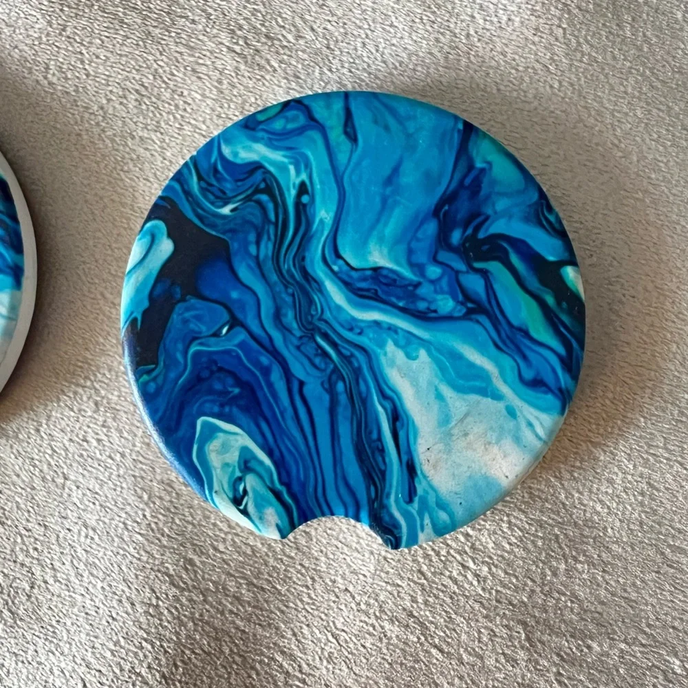 Set of 2 Blue Marble Car Cup Holder Coasters Absorbent Stone w/ Cork Back